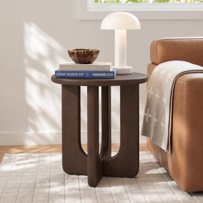 Jadida Modern 24"W Oak Veneer Top Round Side Table with Solid Wood Legs