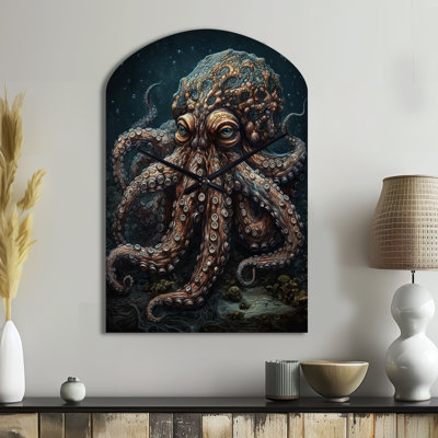 Brown Octopus Under The Sea - Brown Arch Metal Wall Clock, Modern Asymmetrical Wall Clock Print