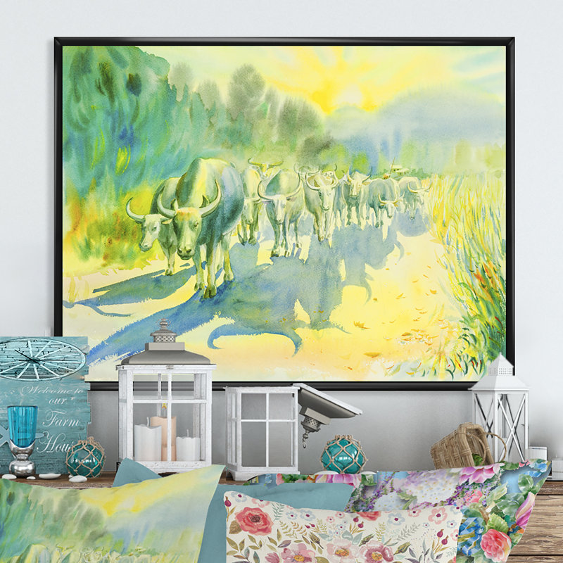 «Pastel Cows In Farm Landscape II», reproduction sur toile flottante, H 8 po x l 12 po x P 1 po, Cadre flottant noir
