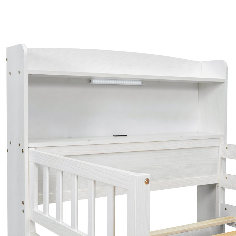 Wood Twin Size Platform Bed With Built-In LED Light, Multi-Functional Headboard, Guardrail And 2 Drawers (Bed), White