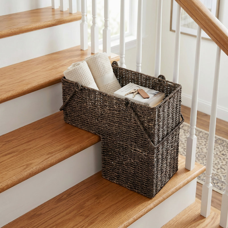 DTX Intl 14-Inch Wicker Staircase Basket with Handles - Handmade L-Shaped Woven Seagrass Stair-Style Storage Organizer - Durable Container