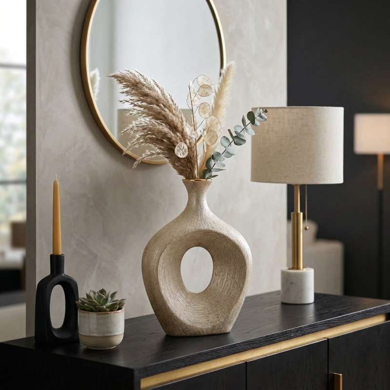 Kato Ceramic Sculptural Cut-Out Table Vase, Beaded Champagne, 13"H x 9"W x 3"D