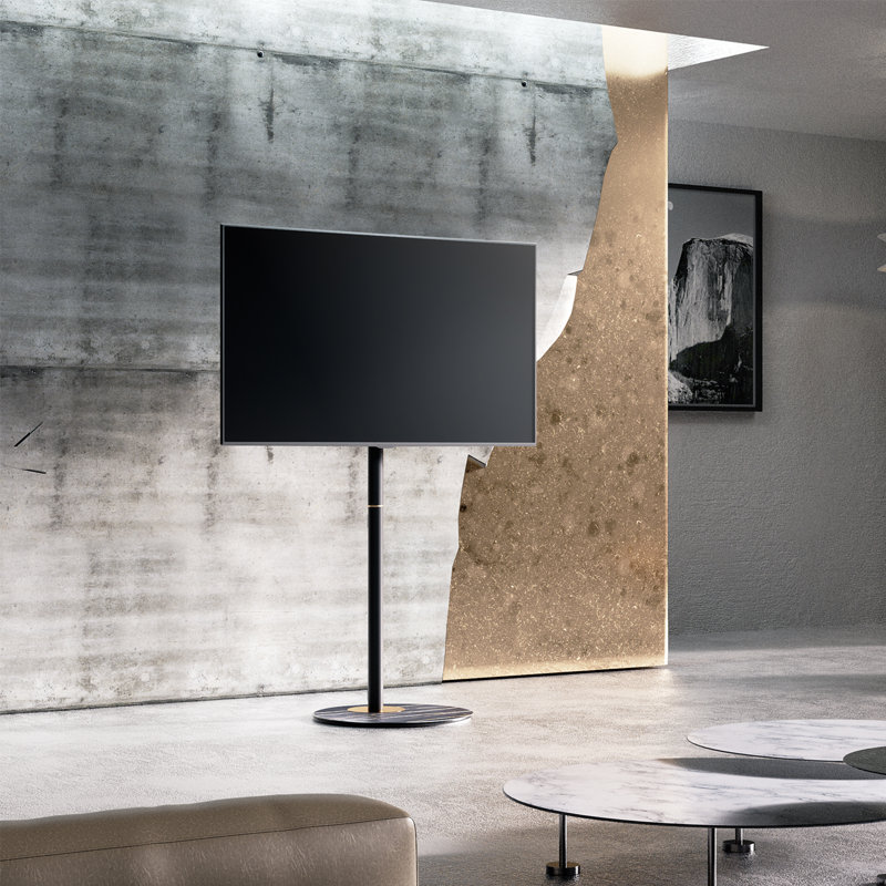 Meuble télé de coin pour 32 à 60 pouces, meuble télé moderne avec base en verre texturé marbre et rangement dissimulé, Noir