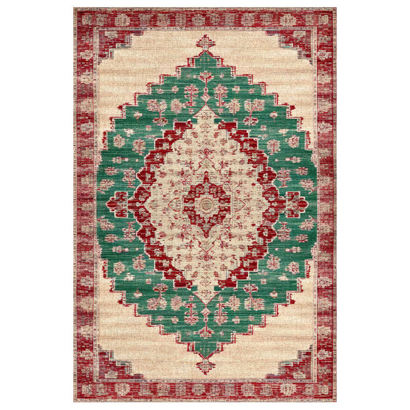 Otto Burgundy Green Beige Oriental Machine Printed Cotton Polyester Area Rug, Rectangle 3'4" x 5'