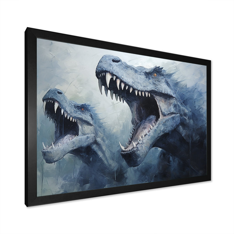 Ancien dinosaure bleu et gris II - art de mur de dinosaure, Cadre d'angle fermé noir, L 24 po x H 32 po x P 1 po