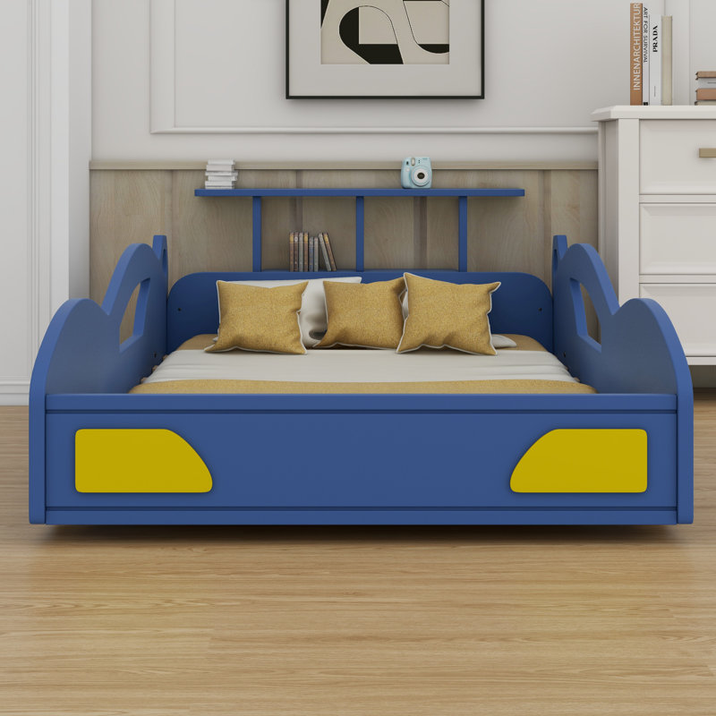 Race Car Bed,Car-Shaped Platform Bed With Wheels, Blue