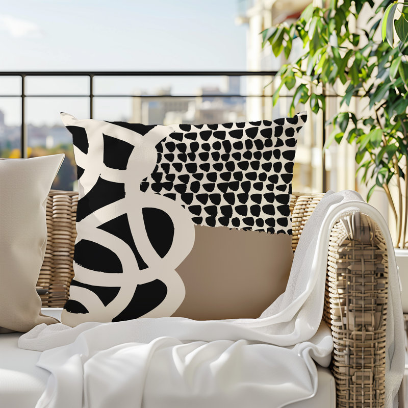 Oreiller carré réversible intérieur / extérieur Deo, H 19 po x l 19 po, Beige / noir / blanc cassé abstrait