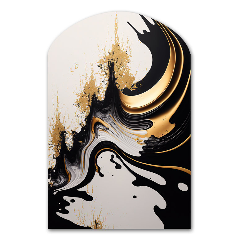 Vague noire et dorée - impression abstraite asymétrique sur métal, décoration murale arche moderne en métal