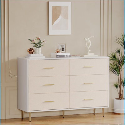 6 Drawer Dresser, Modern White Chest Of Drawers With Gold Metal Legs And Handles, Large Narrow Wooden Dresser With Drawers, Storage Cabinet For Bedroom, Living Room, Entryway