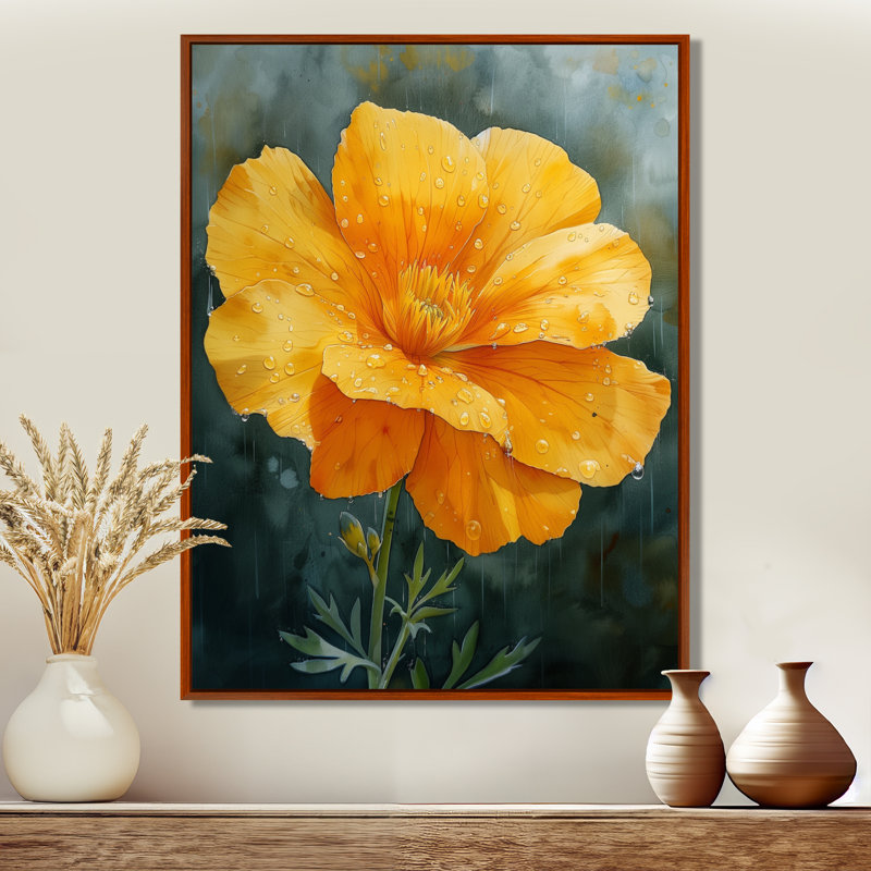 «Yellow Green Morning Dew Marigold», reproduction d'art murale souci, Cadre flottant brun, bois massif, H 16 po x l 32 po