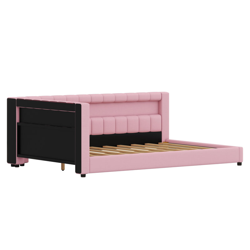 Smart Upholstered Low-Profile Bed with Connected USB Hub and Decorative Light Belt, Pink