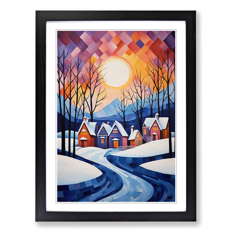 Winter Landscape Cubism No.3 - Single Picture Frame Print on Wood, 64cm H x 46cm W x 2cm D, Black
