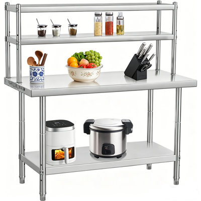 Table de préparation en acier inoxydable 48x24 po NSF avec tablettes et crochets réglables - Îlot de cuisine commercial pour restaurant, maison et hôtel, établi robuste avec revêtement antirouille