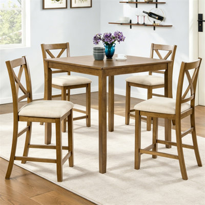 Ensemble de salle à manger 5 pièces à hauteur de comptoir en chêne avec table carrée et 4 chaises à dossier en X, structure en bois massif, surface imperméable, assemblage facile - parfait pour les petits espaces, la cuisine, les appartements ou les coins repas