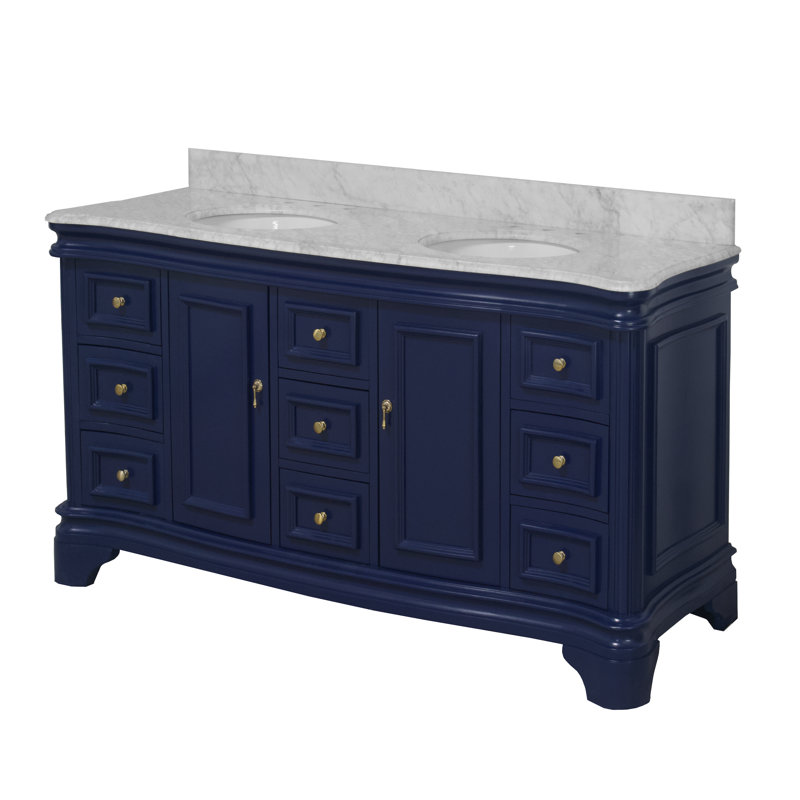 Ensemble de meuble-lavabo double 72 po Twain avec armoire bleu royal et comptoir en marbre de Carrare, Marbre de Carrare