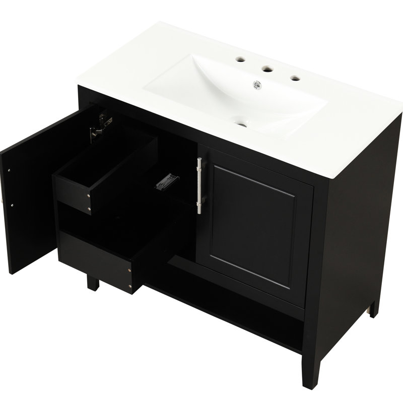 Meuble-lavabo de 36 po avec lavabo, construction en bois massif noir, tiroirs fonctionnels pour rangement, lavabo en céramique, style moderne, assemblage requis, options de rangement, design,