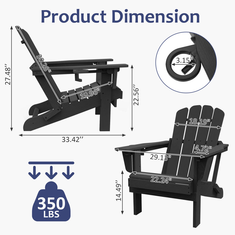 All-Weather HDPE Folding Adirondack Chair Outdoor Patio Fire Pit Chair with Cup Holder, Black