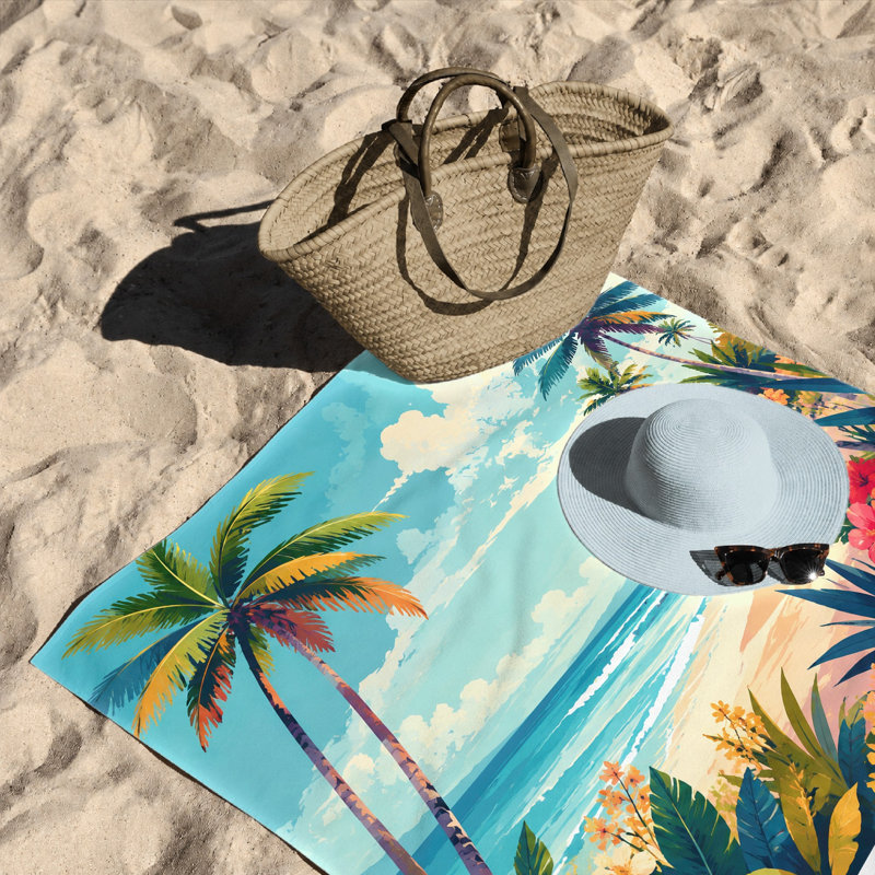 1 serviette de plage tropicale 1PCS, motif floral éclatant, microfibre, parfaite pour les vacances d'été, la natation et les voyages, avec des palmiers dans un paysage océanique