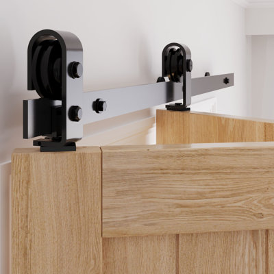 Bi-Folding Sliding Barn Door Hardware Kit for 2 Doors, Carbon Steel Black Bifold Barn Door Kit with J shape rollers for Closet(Doors not Included)