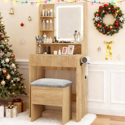 Dressing Table With Charging, Led Lighted Mirror Makeup Vanity With Storage Stool, Glass Tabletop