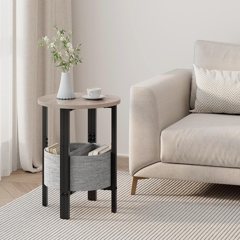 Ensemble de 2 petites tables d'appoint rondes avec panier de rangement, tables de bout d'appoint en demi-lune modernes et grandes tables de chevet pour le salon, la chambre à coucher et les petits espaces, gris