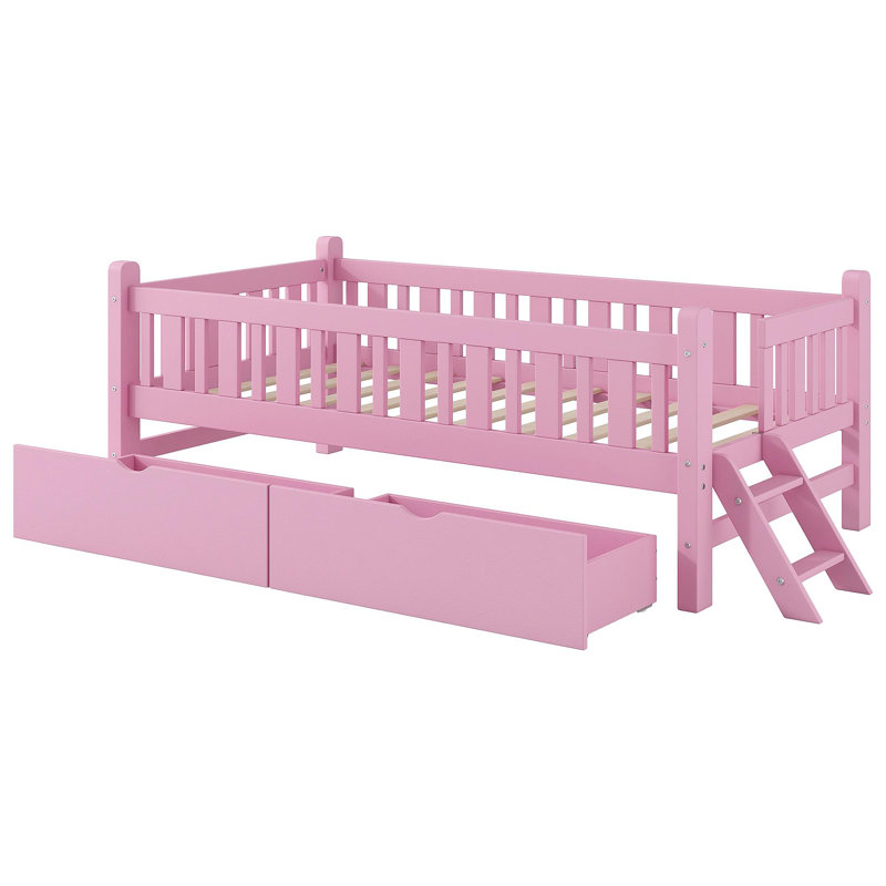 Lit plateforme en bois avec garde-corps et 2 tiroirs, rose