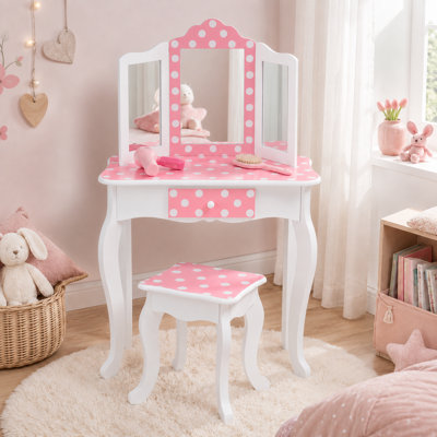 Ensemble de coiffeuse en bois Teamsis pour enfants avec miroir à trois volets, tiroir de rangement, tabouret assorti et table de maquillage pour enfants de 3 ans et plus