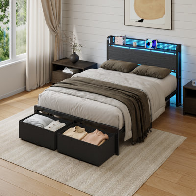 Full Bed Frame With Storage Headboard Led Lights Charging Station Usb Ports Heavy Duty No Box Spring Needed Metal Slat Mattress Base