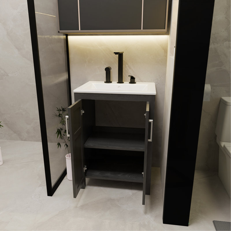 Meuble-lavabo avec lavabo, meuble-lavabo noir 24 po avec robinet en céramique blanc et ensemble de bonde escamotable