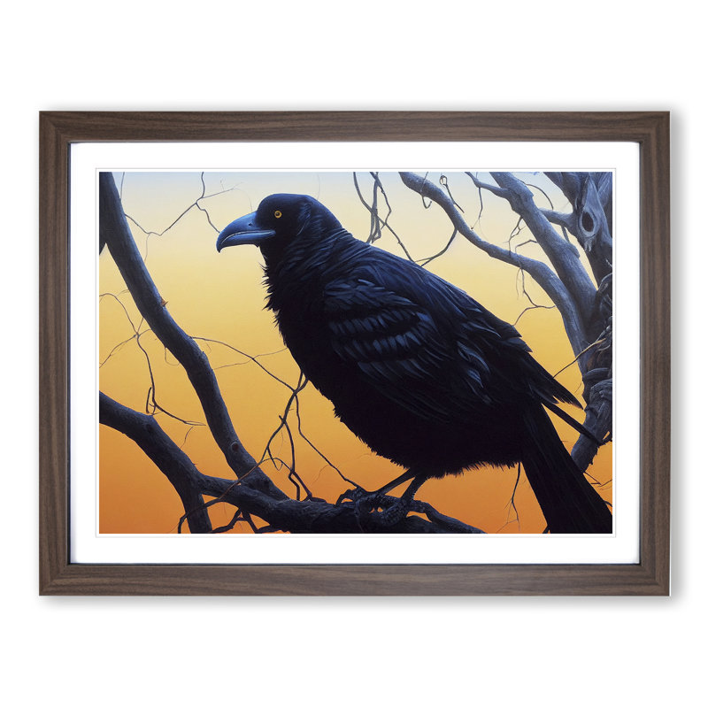Remarkable Raven Bird - Single Picture Frame Painting, 46cm H x 64cm W x 2cm D, Walnut Framed