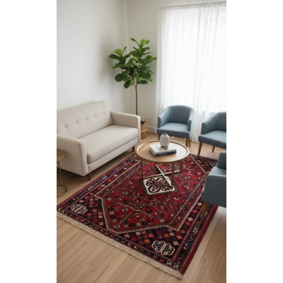Tapis décoratif rouge tribal noué à la main à motif floral 3 pi 5 po x 5 pi