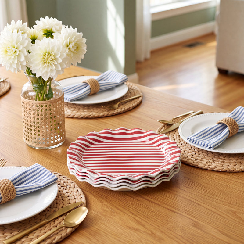 Red Stripe Ruffle Round Platter Set Of 4
