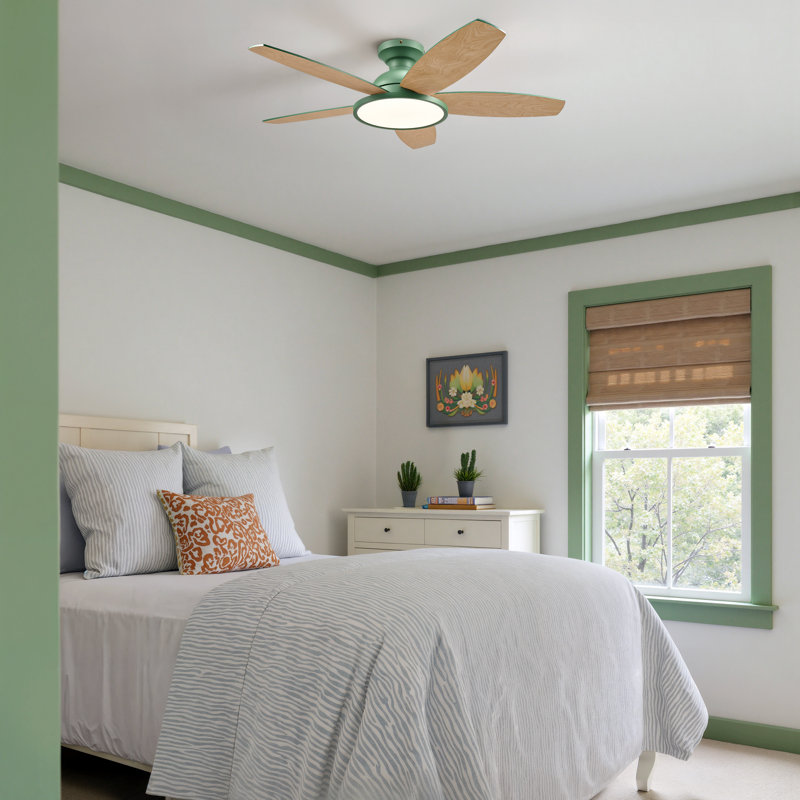 Ventilateur de plafond encastré avec lumière DEL et télécommande, Vert avec pales en bois vert / chêne, 42"