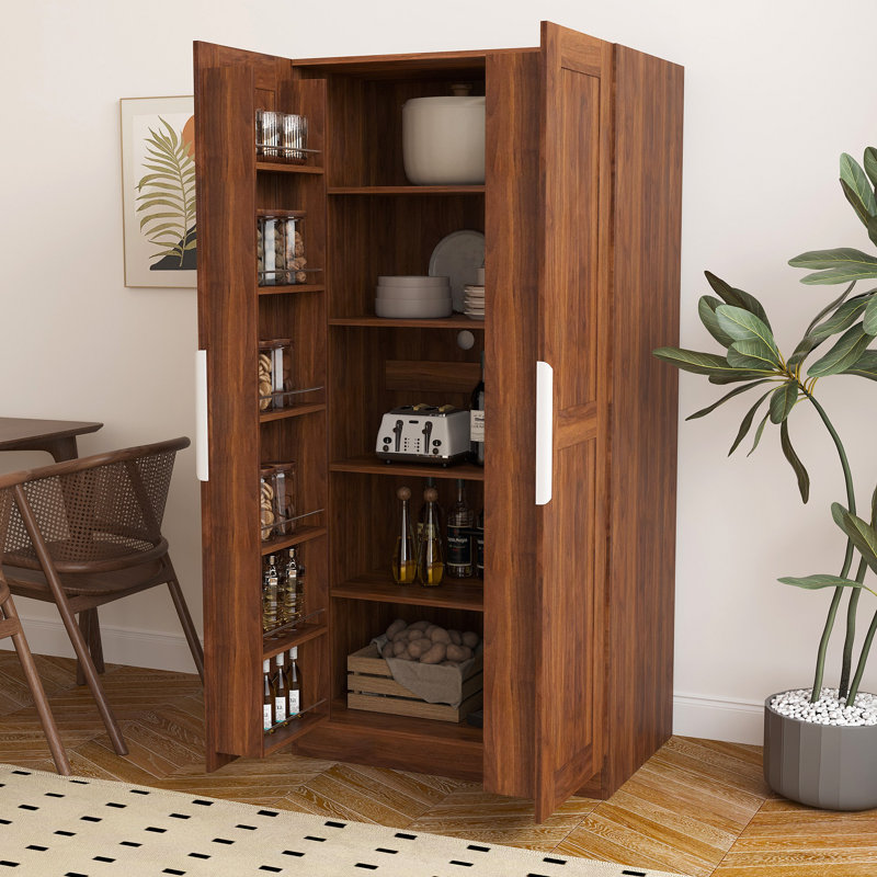 Armoire de cuisine, armoire autoportante en noyer avec portes et tablettes, armoire de rangement pour garde-manger, Noyer