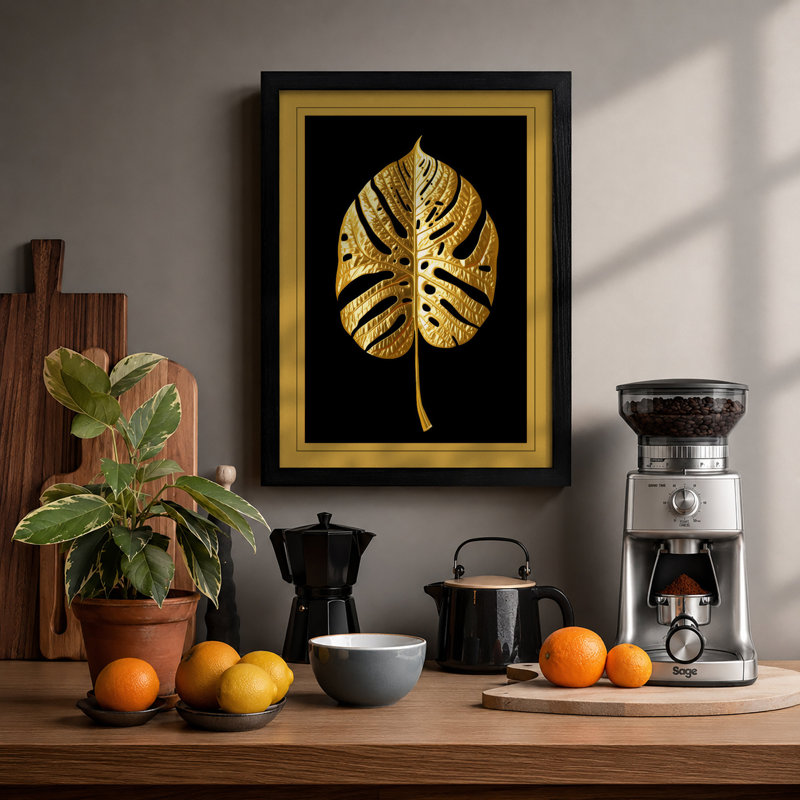 Gilded Monstera Botanical - Framed Print, A2 - 59.4 x 42.0 cm, Black