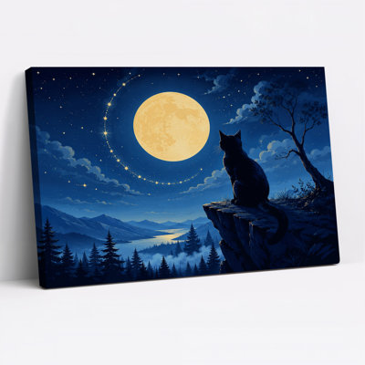 Art sur toile, "Chat noir sur une falaise rocheuse sous la pleine lune"