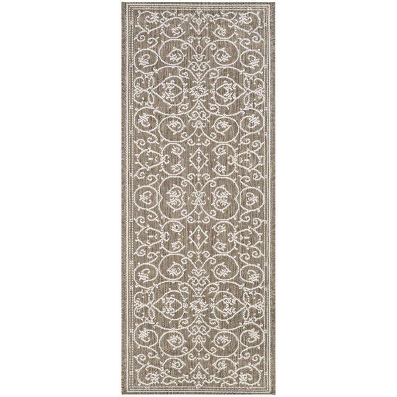 Tapis d'intérieur / extérieur champagne / taupe à motif floral Ariadne, Tapis de couloir 2 pi 3 po x 11 pi 9 po