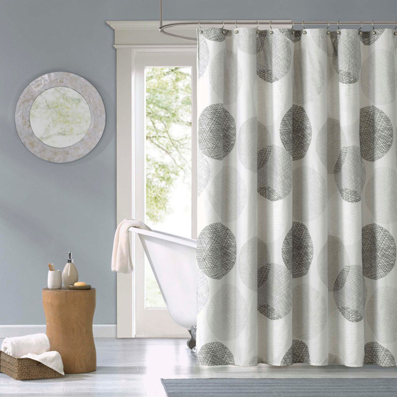 Rideau de douche doux en microfibre à imprimé circulaire gris, facile à suspendre et lavable à la machine pour les salles de bain modernes