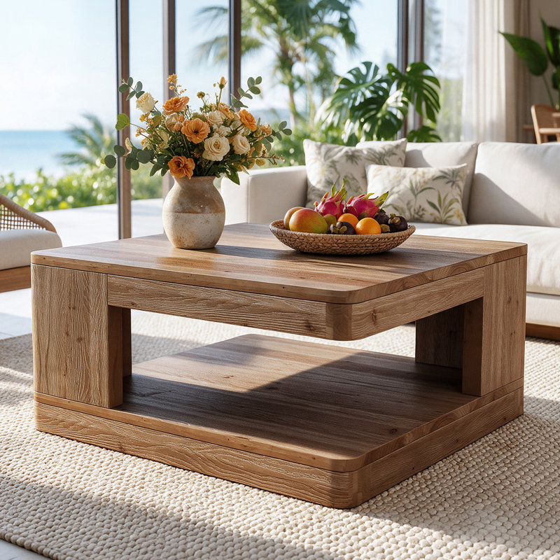 Table basse carrée en bois massif de 80 cm (31,5 po), table de cocktail à deux niveaux avec rangement ouvert et coins arrondis, table d'appoint rustique en bois naturel pour salon
