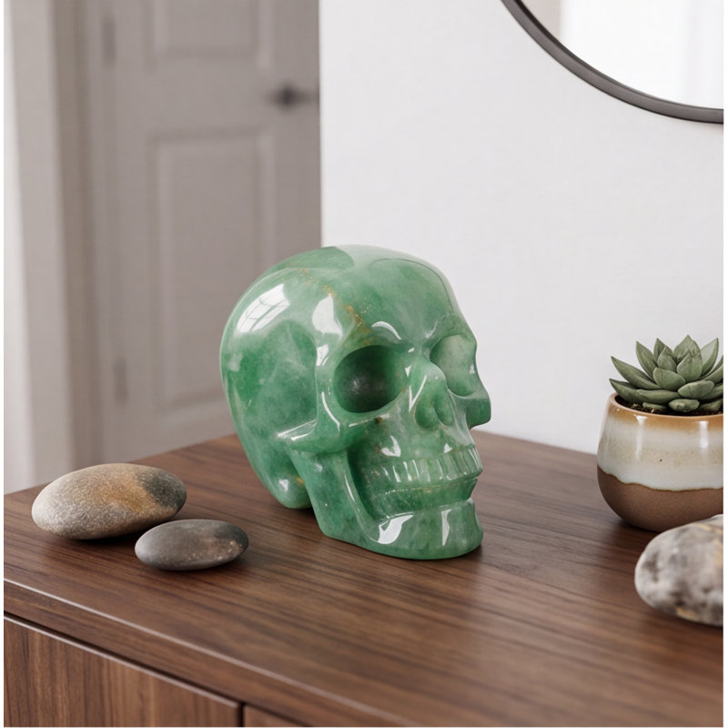 Sculpture crâne de cristal Aventurine vert taillée à la main pierre naturelle Style 02