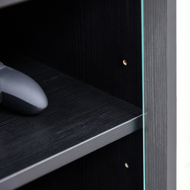 5 Media Stand Cabinet, Distressed Black Appearance. Tempered Glass Doors, Adjustable Shelves. Holds Player, Receiver, Gaming Console, Laptop, Books. Arranges Cables Logically With Doors And Shelf