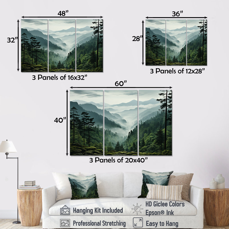 Mystic Wilderness Pine Forest In Canada III - ensemble de décoration murale forêt, Toile tendue, H 40 po x l 60 po x P 1 po