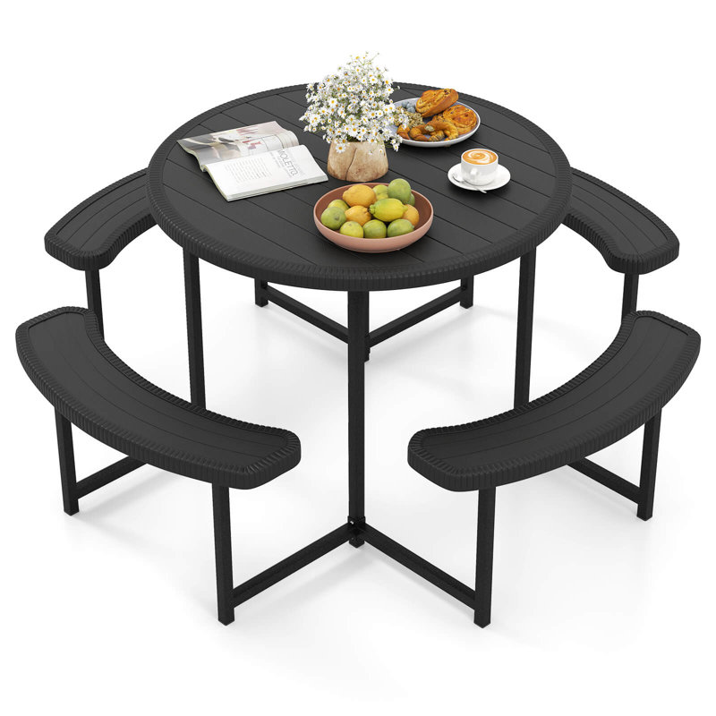 Ensemble de banc de table rond avec 4 bancs et parasol, Noir