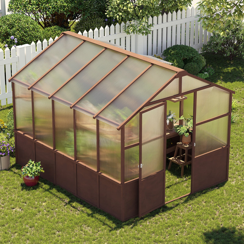 Ensemble de serre de 8 x 10 pi, serres en bois avec panneau en polycarbonate de 6 mm, serre avec évent réglable et porte verrouillable, serre pour l'extérieur, jardin, cour