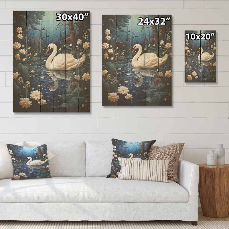 Cygne dans la nuit - cygnes, art sur bois de pin naturel, H 20 po x l 10 po