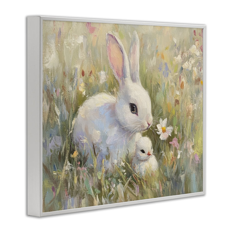 Lapin blanc, Pâques et fleurs, estampe numérique, design par Petal Prints Design, H 24 po x l 30 po