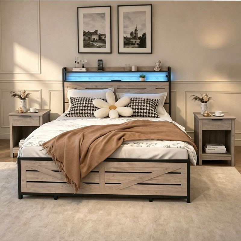 Ensemble de chambre à coucher 4 pièces, 1 commode à 5 tiroirs, 1 commode à 6 tiroirs et 2 tables de chevet avec station de charge