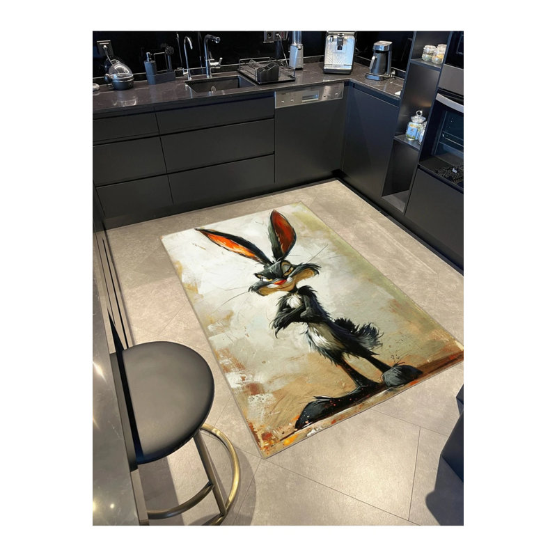 Gray Beige Themed Surrealist Design Bugs Bunny Rabbit Patterned Modern Decorative Carpet, Round 3'4"