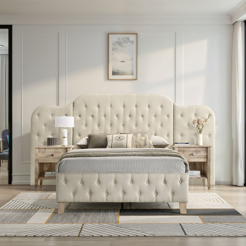 Grand lit plateforme avec grande tête de lit Veritte, lin beige