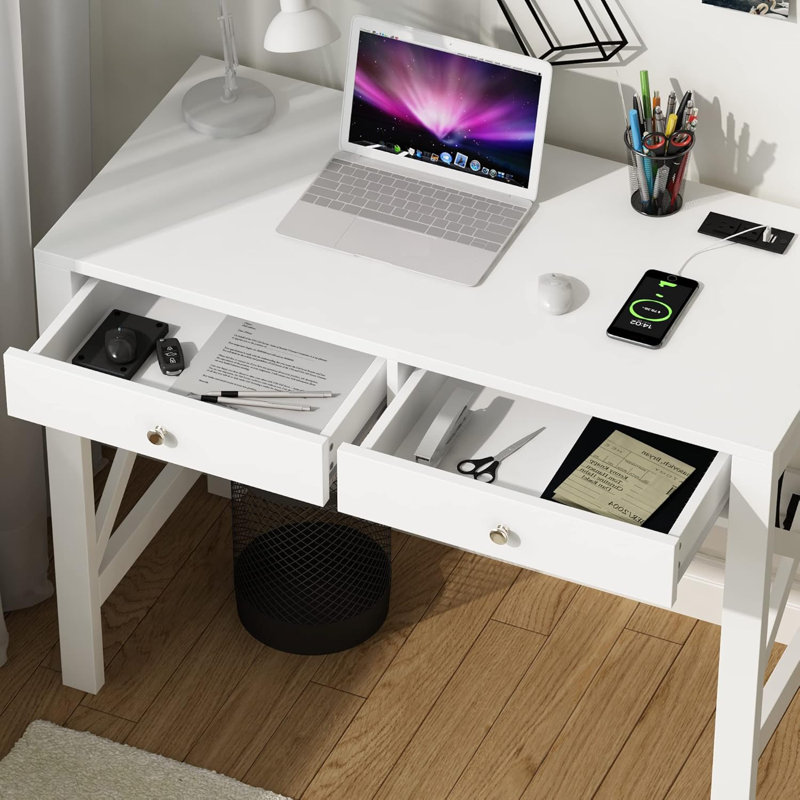 Bureau d'écriture avec tiroirs et station de charge l 39,4 po, Blanc